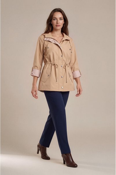 Spazio Goudot Kapüşonlu Mevsimlik Parka – Beli Büzgülü, Çıtçıt Detaylı CAMEL