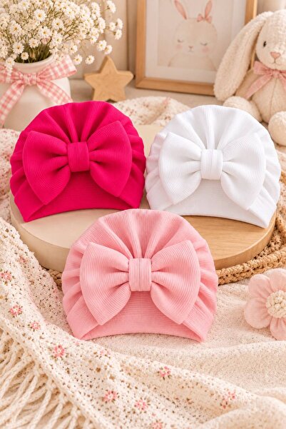 Pico Baby Baby-Mützen-Set mit Schleife, 3-teilig – Rosa/Fuchsia/Weiß