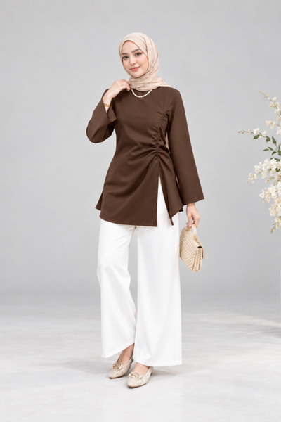 Tarzım Tuba Asel Gathered Asymmetrical Blouse Brown