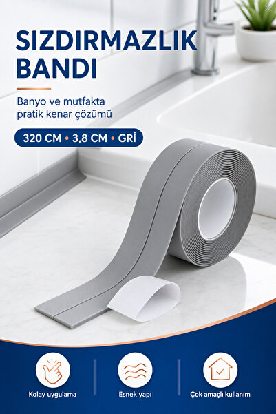 Sızdırmazlık Bandı 3 Metre Gri Çok Amaçlı Banyo Mutfak Klozet Küvet Kenar Bandı Güçlü Yapışkan
