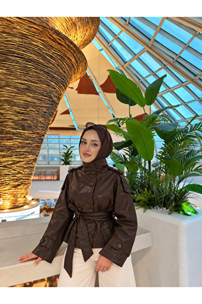 BNGL Boutique Dik yaka kuşaklı suni deri ceket kahverengi