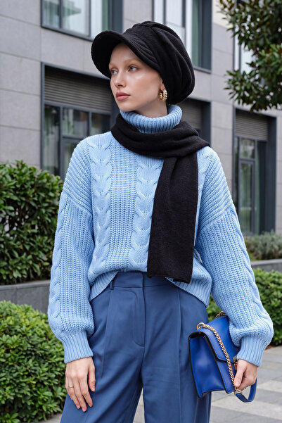 Aisha's Design Winter Plain Cashmere Visor Cap and Scarf Set, Bat-2Dk, Black