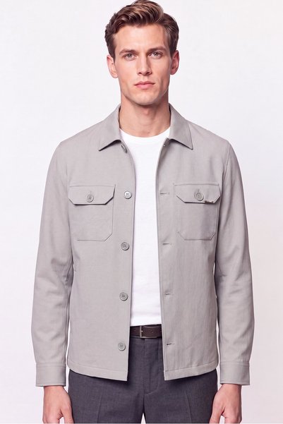Efor Comfort Fit Side Pocket Buttoned Flexible Gray Linen Shirt Jacket C 737