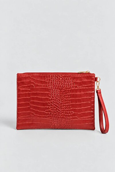 Bagfoni Kırmızı Kroko Desenli El Askılı Portföy Clutch Çanta