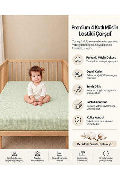 ZEYPBA 4 Katlı Müslin Bebek Beşik Çarşafı Su Yeşil– %100 Pamuk Dokunuş