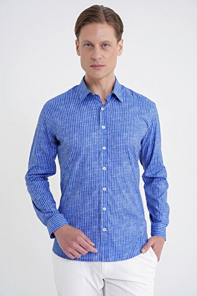 Efor Slim Fit Klapa Yaka Esnek Pamuklu Koyu Mavi Çizgili Gömlek G 1599