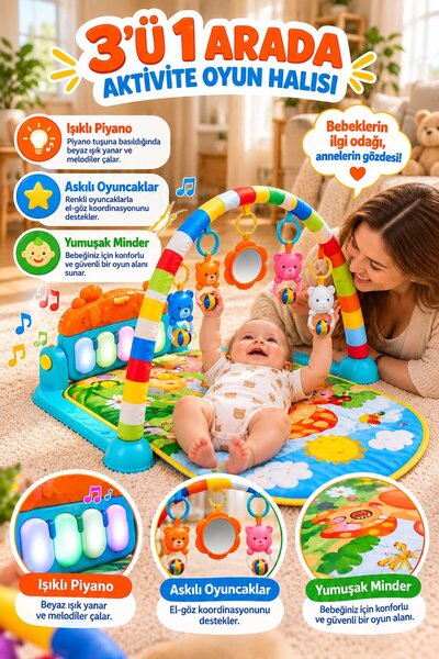 Baby Home Piyanolu Mantar Desenli Bebek Oyun Halısı – 0+ Ay, Hayvan Figürlü I...