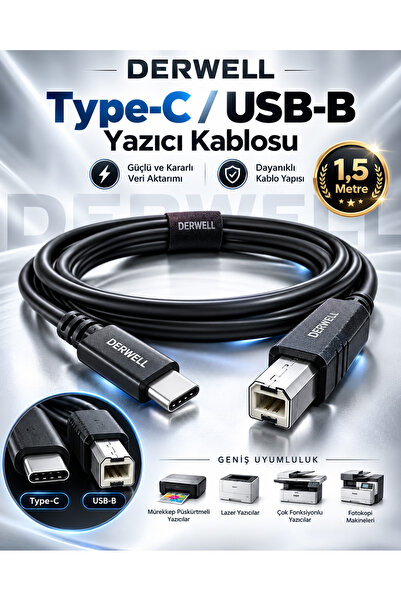 Derwell 1.5 Metre 1.5mt Type-C To Usb Printer Kablo Macbook Hp Canon Samsung ...