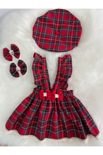 Moda Lina Kız Çocuk Kırmızı Elbise Ekose Dantal Şapka Toka