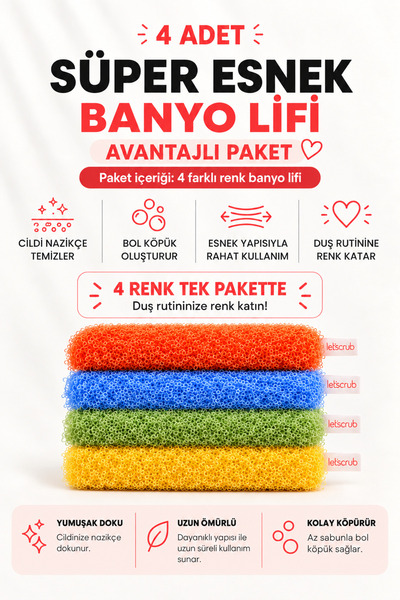 LET'SCRUB Süper Esnek Banyo Lifi Seti 4 Adet El Yapımı Banyo Lifi Tüm Cilt Ti...