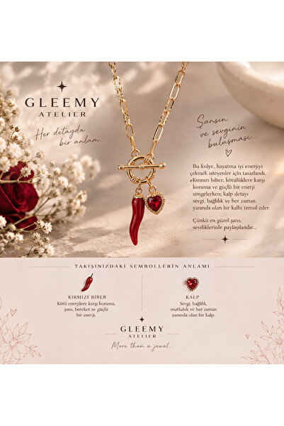 Gleemy accesories Aşk ve Şans Temalı Kırmızı Biber ve Kalp Taşlı Şık Kolye