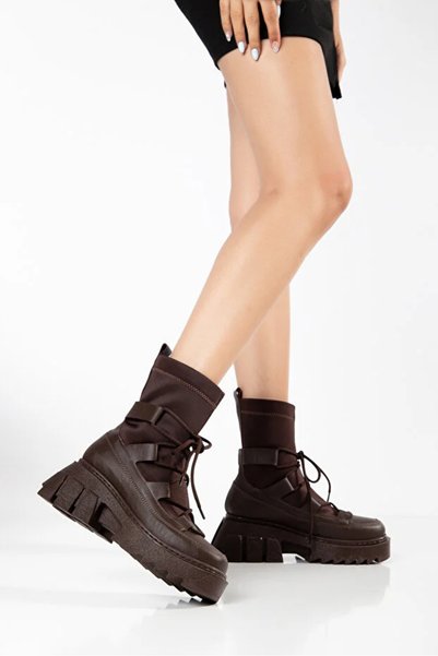 SHESTORE Bitter Brown Leather Thick Sole Lace-Up Women's Boots