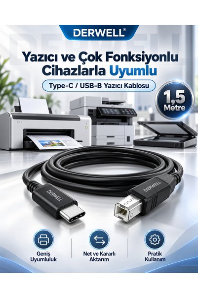 Derwell 1.5 Metre 1.5mt Type-C To Usb Printer Kablo Macbook Hp Canon Samsung Yazıcı Ara Kablosu Telefon Laptop Için Type-C To Usb-B Midi - Yazıcı Kablosu