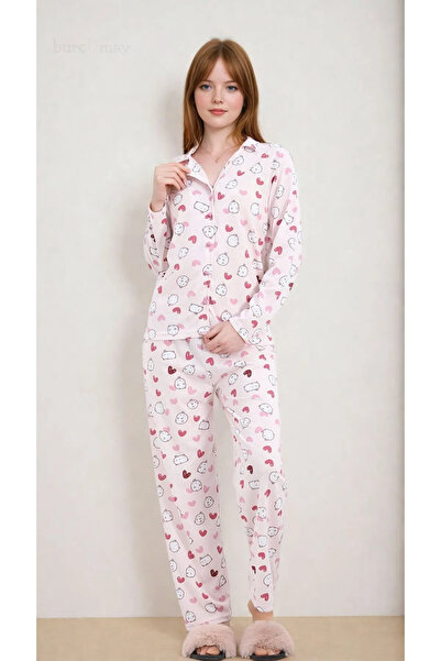 Burcumay Women's Heart Patterned Long Sleeve Front Buttoned Shirt Collar Pink...