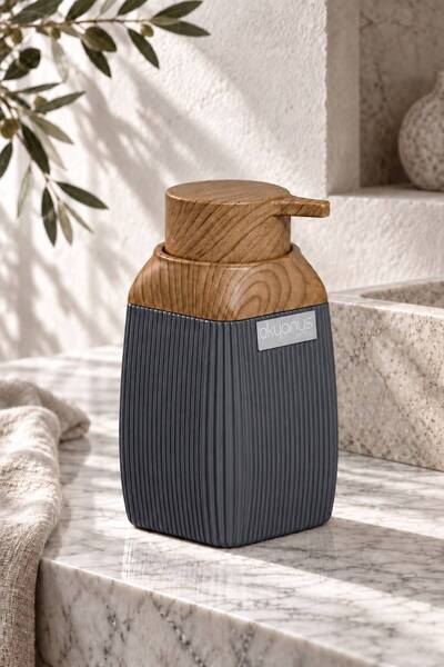 Okyanus Home Wooden Patterned Anthracite Striped Square Liquid Soap Dispenser