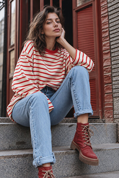 Mixray 2236 Striped Crew Neck Long Sleeve Oversize Sweatshirt Red