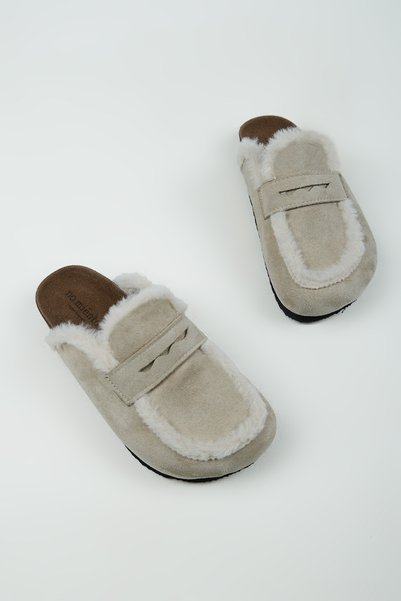 no miento Alka Fur Women's Vegan Leather Beige Sabo Slippers
