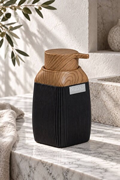 Okyanus Home Wooden Patterned Black Striped Square Liquid Soap Dispenser