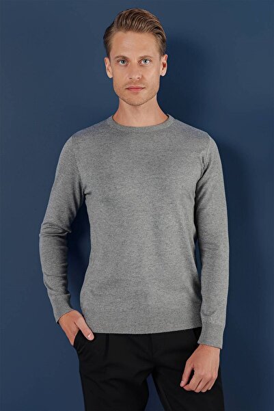 Efor Slim Fit Ribanalı Düz Gri Yünlü Bisiklet Yaka Triko Kazak TR 858