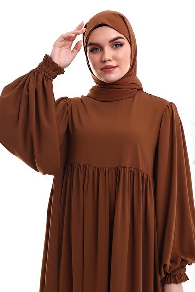 Berel Moda Roba Detailed Balloon Sleeve Flowing Ponch Dress Brown