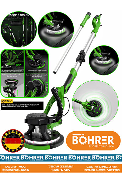 BÖHRER 750W 5515K LED Işıklı Teleskopik Duvar ve Tavan Alçı Zımparalama Makin...