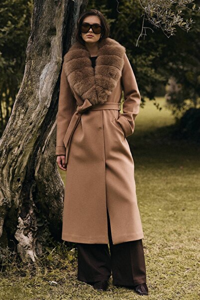 Olcay Long Cashmere Coat with Detachable Fur Belt Kamel 3133-Tk