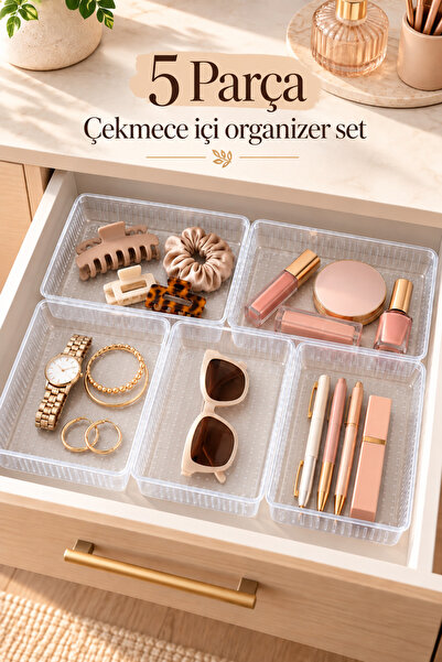 5’li Çekmece İçi Düzenleyici Organizer Seti Şeffaf Çok Amaçlı Makyaj ve Aksesuar Düzenleyici