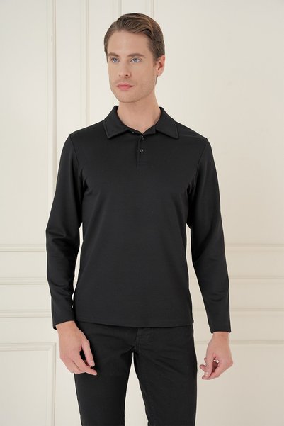 Efor Slim Fit Cotton Long Sleeve Buttoned Black Polo Collar T-Shirt Ts 893