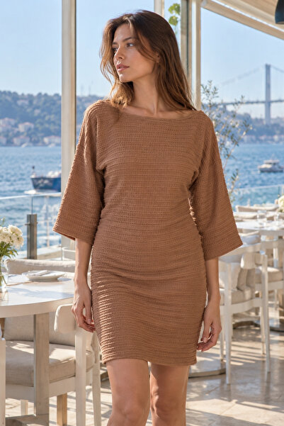 armonika Kadın Açık Kahve Kayık Yaka Yarasa Kol Yumuşak Dokulu Elbise ARM-26K...