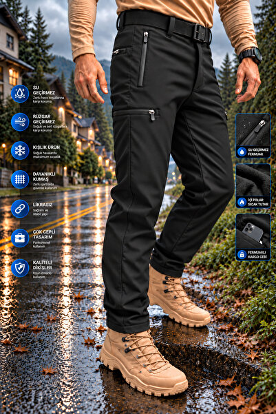 Polviton Softshell Erkek Kargo Pantolon İçi Polarlı Su Ve Rüzğar Geçirmez Kal...