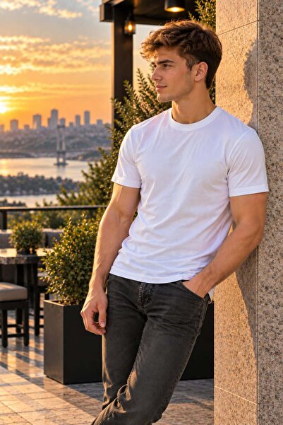 Pientro Men's White Color 100% Cotton Soft Textured Slim Fit Crew Neck Basic T-Shirt