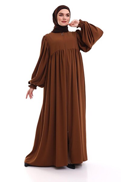 Berel Moda Roba Detailed Balloon Sleeves Flowing Ponch Ferace Tan