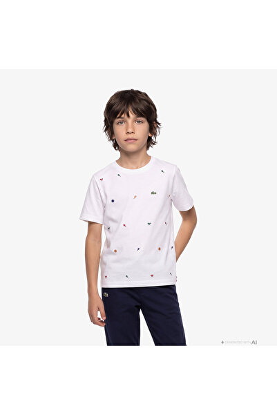 Lacoste Çocuk Bisiklet Yaka Desenli Beyaz T-Shirt