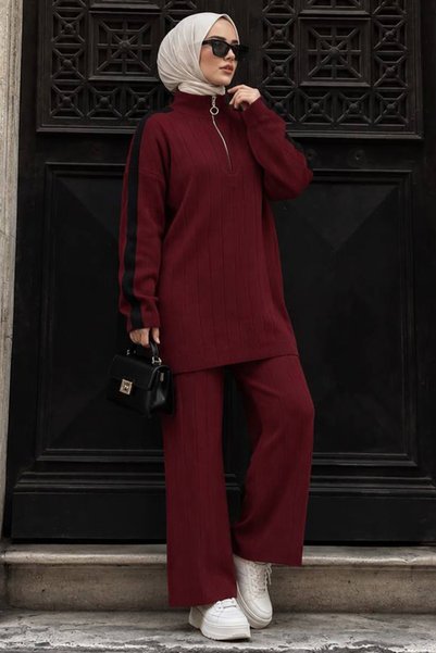 N.S NEVA STYLE Burgundy Hijab Knitwear Double Set 50163Br
