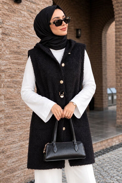 Neva Style Kapüşonlu Beli Bağcıklı Siyah Tesettür Triko Yelek 251485S
