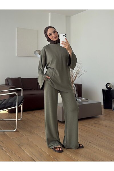 Moda Aydın Butik طقم بنطلون نسائي بحزام خلفي - كاكي