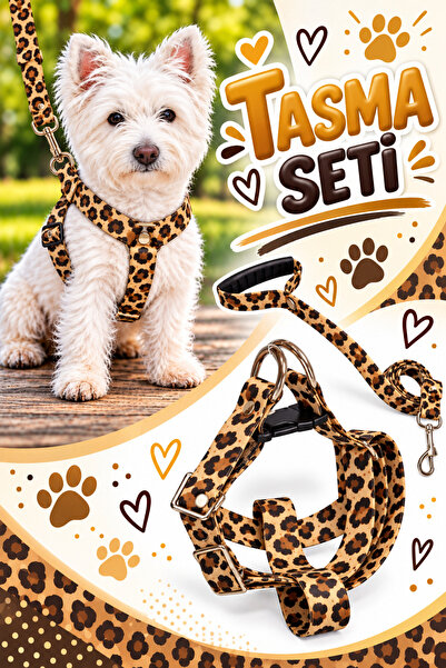 Angelapets KAHVERENGİ LEOPAR DESEN GÖĞÜS TASMASI VE GEZDİRME KAYIŞI SET