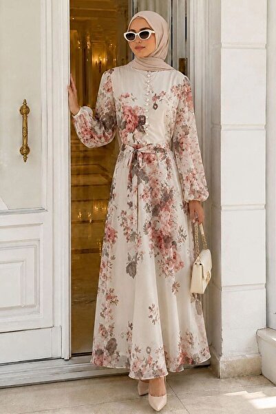 N.S NEVA STYLE Floral Patterned Button Detailed Dusty Rose Hijab Dress 5339Gk