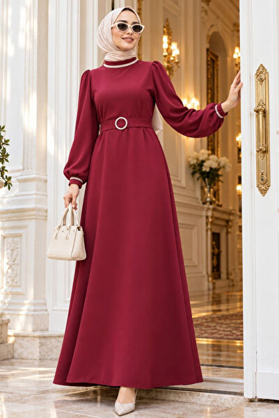 Neva Style Belted Burgundy Hijab Evening Dress 30031Br