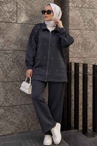 N.S NEVA STYLE Fermuarlı Füme Tesettür İkili Takım 12401FU