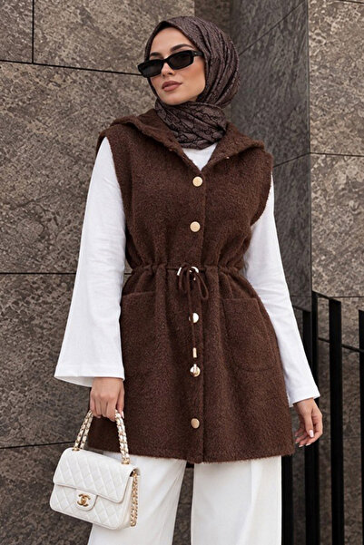 Neva Style Kapüşonlu Beli Bağcıklı Cepli Kahverengi Sakal Angora Tesettür Tri...