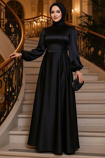 Neva Style Balon Kol Siyah Saten Tesettür Abiye Elbise 61501S