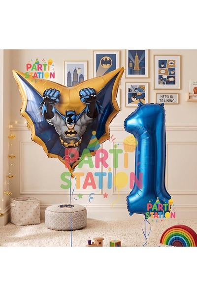 Parti Station Batman 1 Year Old Navy Blue Number Balloon Set Bat Man Batman B...