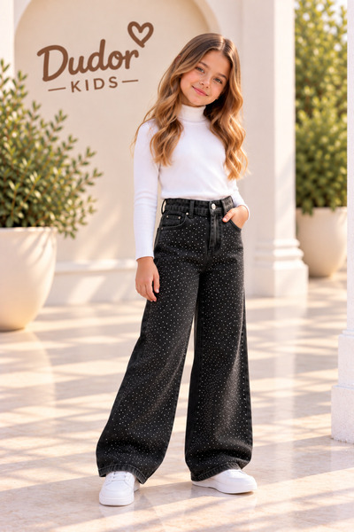 DUDOR KİDS KIZ ÇOCUK SİYAH KOMPLE TAŞLI KOT PANTOLON (JEANS-DENİM)-BAYRAMLIK