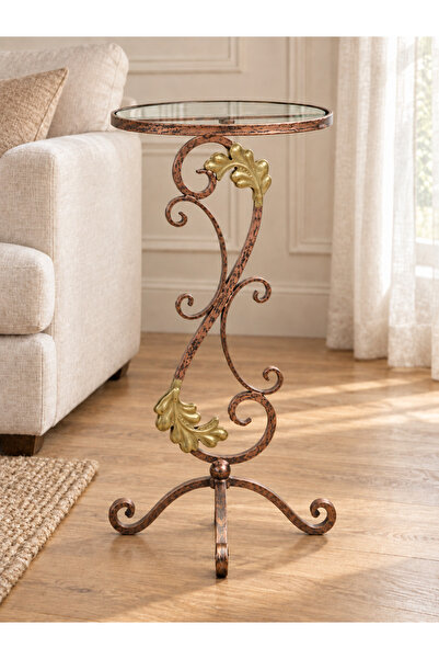 Canik Design Yuvarlak Ferforje Yan Sehpa – Eskitme Bronz Renk, Gold Yaprak De...