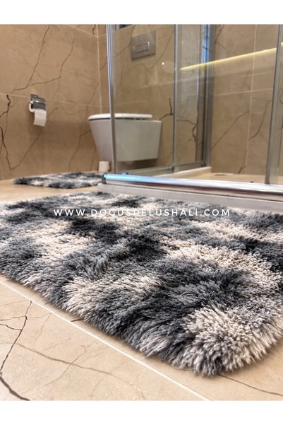 Doğuş Peluş Halı طقم سجاد حمام مكون من قطعتين من Batik Rabbit باللون الرمادي غير قابل للانزلاق