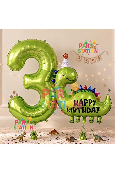 Parti Station Dinozor Balon 3 Yaş Balon Set Dinozor Konsept Balon ve Yeşil Re...