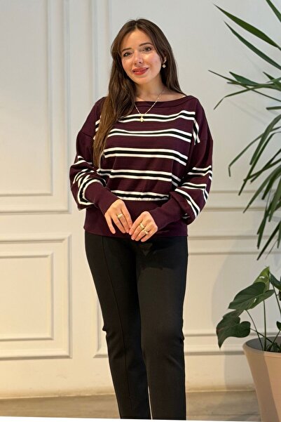 yb yağmur butik Boat Neck Striped Sweater