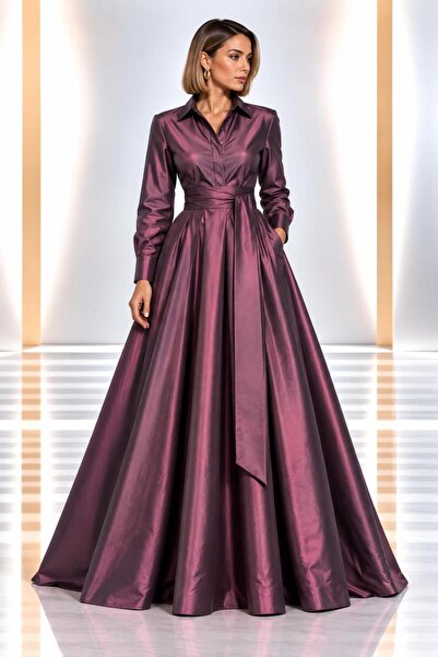 SERAVENZA COUTURE Maxi Boy Uzun Kollu Seyyar Kuşaklı Tafta Gömlek Elbise COU-18