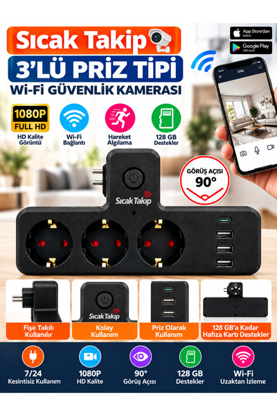 SICAK TAKİP 3'lü Termal Akım Korumalı Bebek Bakıcı Priz Güvenlik Wifi Kamera ...